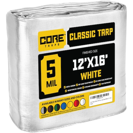 Core Tarps Heavy Duty Tarp, 16 ft L x 0.5 mm H x 12 ft W, 5 Mil, White, Polyethylene CT-504-12X16